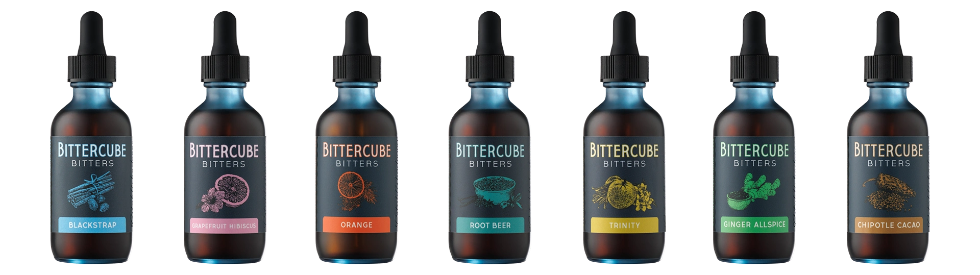 All varieties of BitterCube Bitters bottles lined up